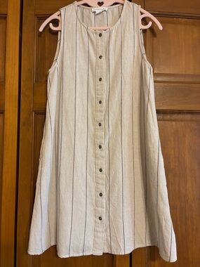 Love Riche Natural Beige Sleeveless Button-Front Dress with Black Stripes